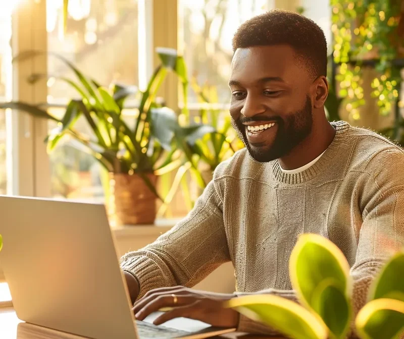 a smiling remote account manager working on a laptop in a sunlit home office, with a cozy desk setup and plants in the background.