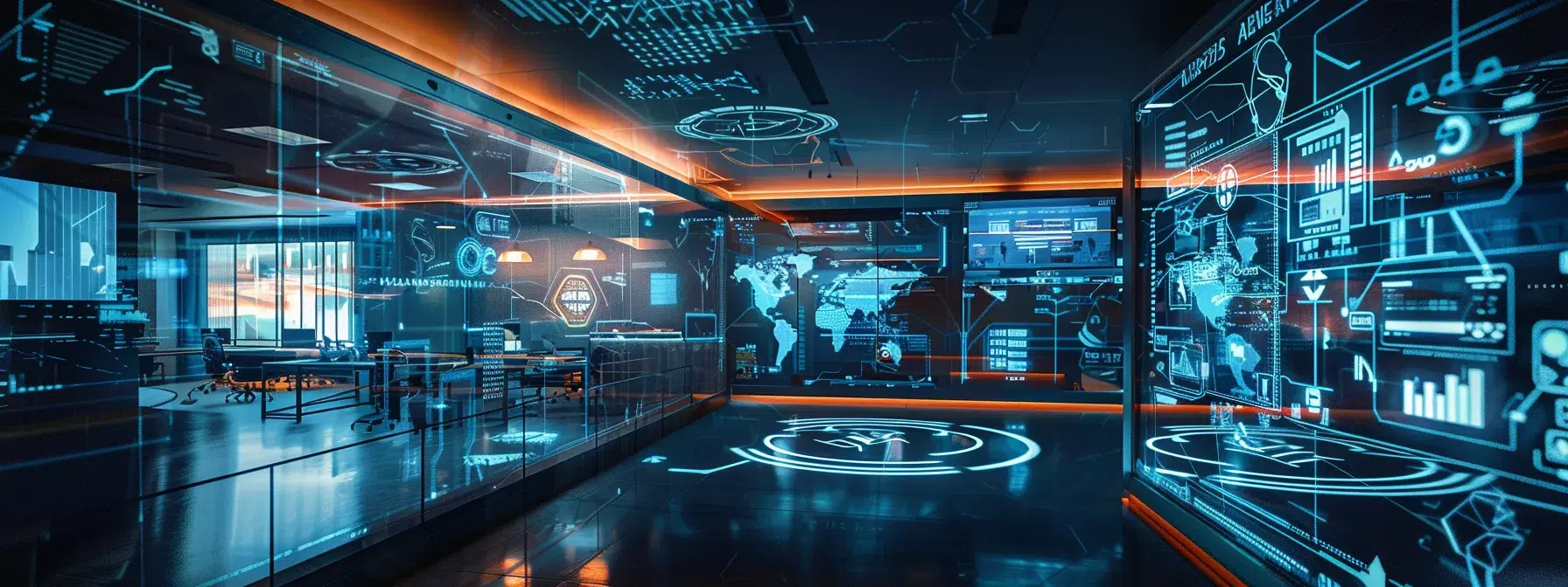 a futuristic office space filled with advanced technology, interconnected devices, and a diverse global workforce collaborating remotely.