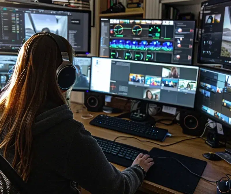 a professional woman with headphones working on multiple computer screens in a sunlit home office.