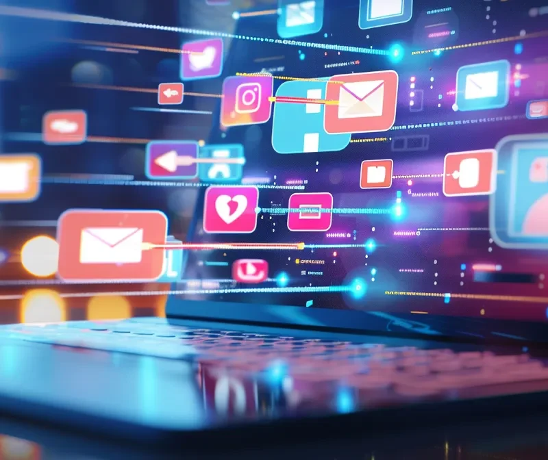a sleek laptop displaying multiple vibrant social media platforms with a virtual assistant icon streamlining the management process.