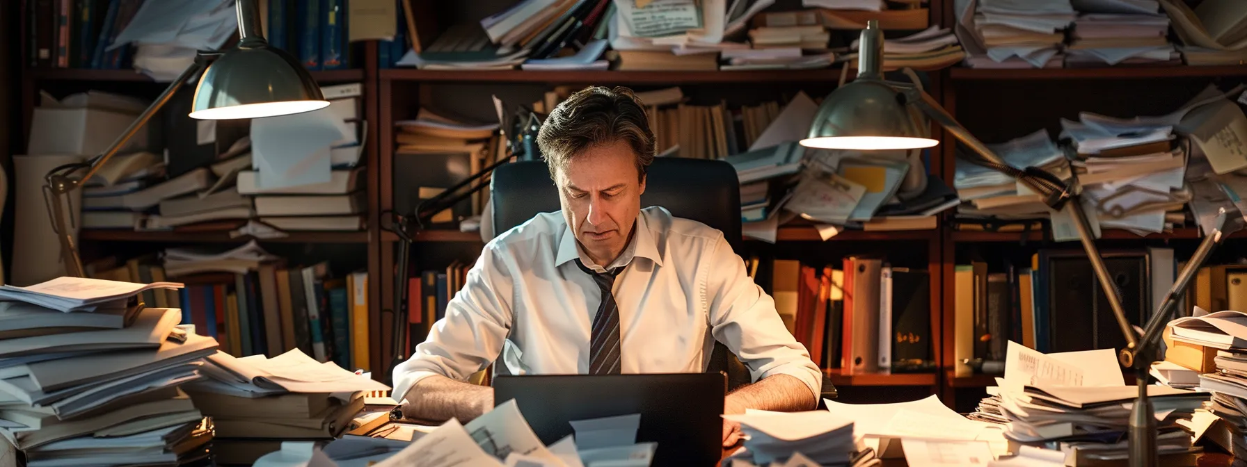 an executive sitting at a cluttered desk, looking overwhelmed while sorting through a pile of emails on a laptop, with a calm virtual assistant sitting nearby providing support.